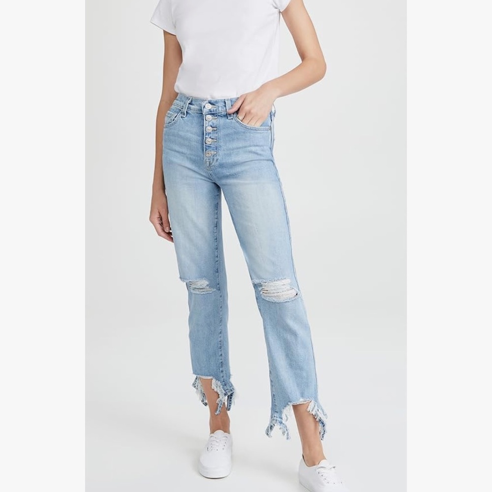 7 For All Mankind  High Waist Cropped Straight Jeans Distressed Hem Size 24